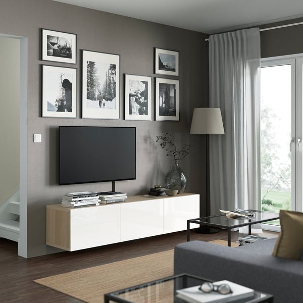 BESTÅ TV bench with doors, white stained oak effect/Selsviken high-gloss/white, 180x42x38 cm