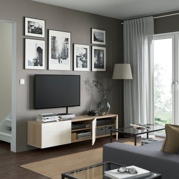 BESTÅ TV bench with doors, white stained oak effect/Selsviken high-gloss/white, 180x42x38 cm