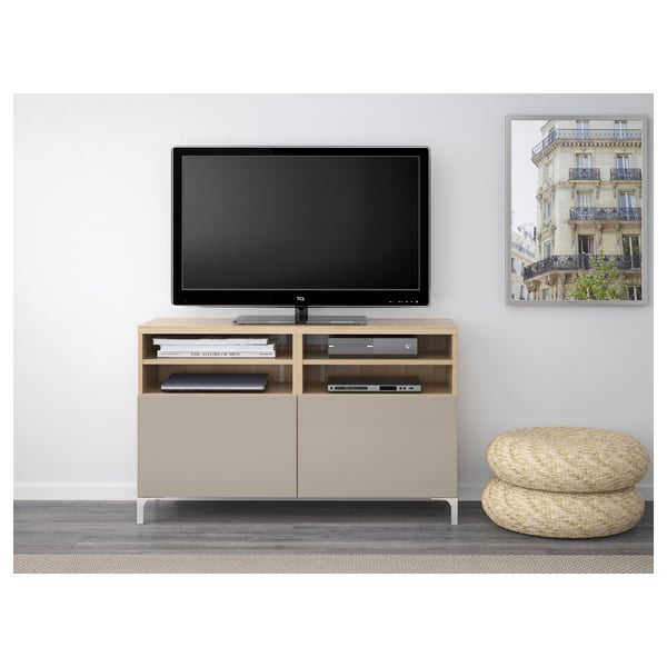 BESTÅ TV bench with doors, white stained oak effect/Selsviken/Nannarp high-gloss/beige, 120x42x74 cm