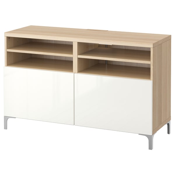 BESTÅ TV bench with doors, white stained oak effect/Selsviken/Nannarp high-gloss/white, 120x42x74 cm