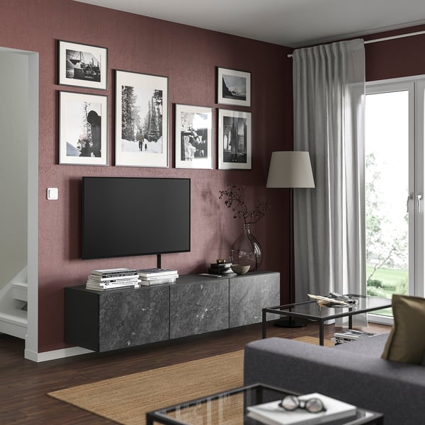 BESTÅ TV bench with doors, dark grey/Bergsviken black, 180x42x38 cm