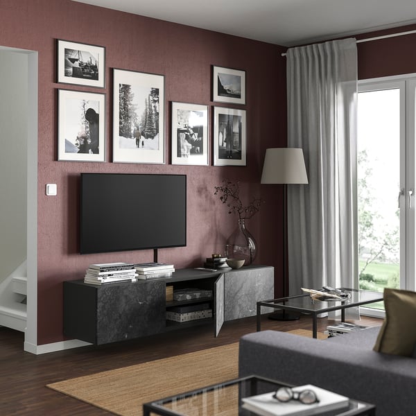 BESTÅ TV bench with doors, dark grey/Bergsviken black, 180x42x38 cm
