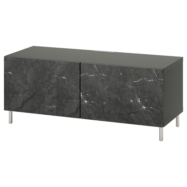 BESTÅ TV bench with doors, dark grey/Bergsviken/Ösarp black, 120x42x48 cm