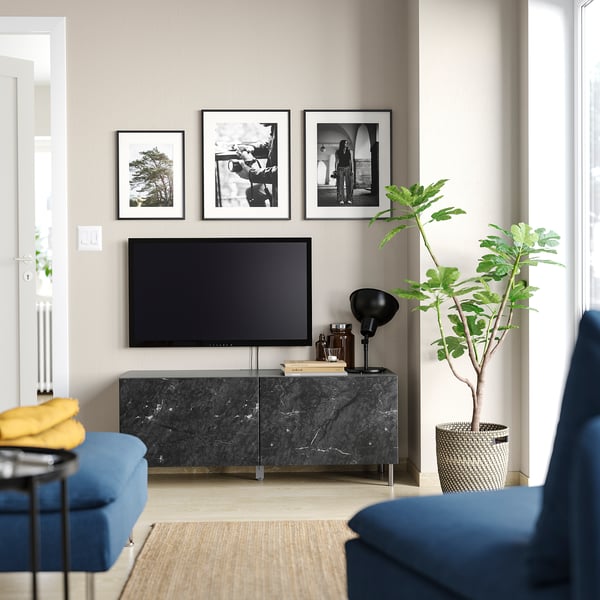 BESTÅ TV bench with doors, dark grey/Bergsviken/Ösarp black, 120x42x48 cm