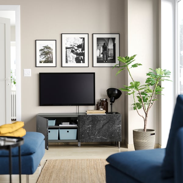 BESTÅ TV bench with doors, dark grey/Bergsviken/Ösarp black, 120x42x48 cm