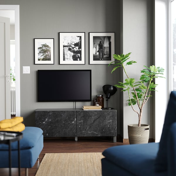 BESTÅ TV bench with doors, dark grey/Bergsviken/Stubbarp black, 120x42x48 cm