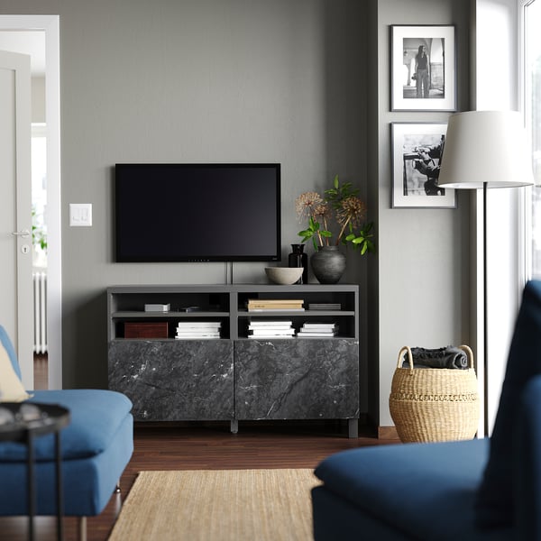 BESTÅ - TV bench with doors, dark grey/Bergsviken/Stubbarp black, 120x42x74 cm
