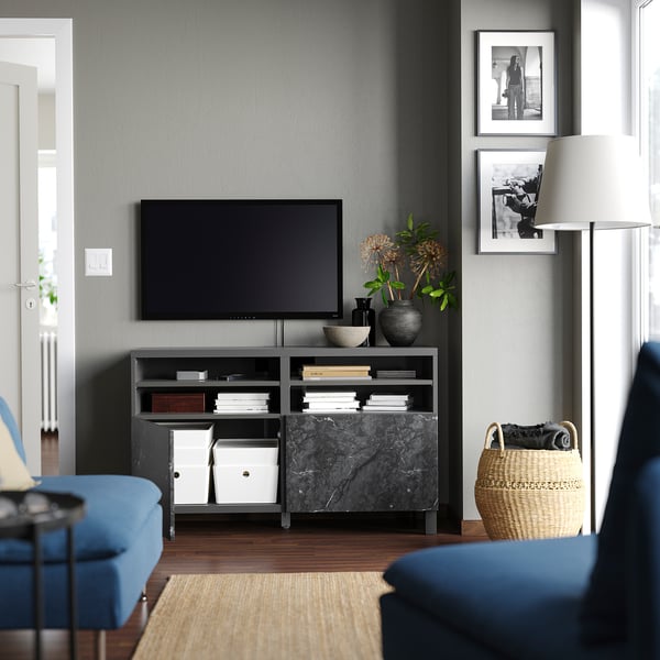 BESTÅ TV bench with doors, dark grey/Bergsviken/Stubbarp black, 120x42x74 cm