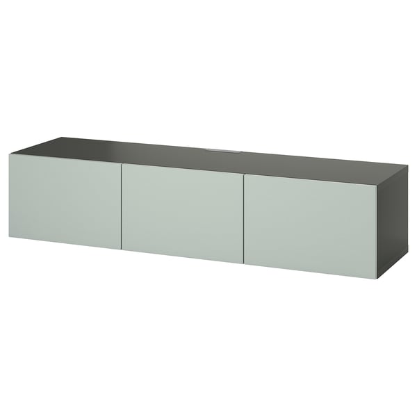 BESTÅ TV bench with doors, dark grey/Hjortviken pale grey-green, 180x42x38 cm