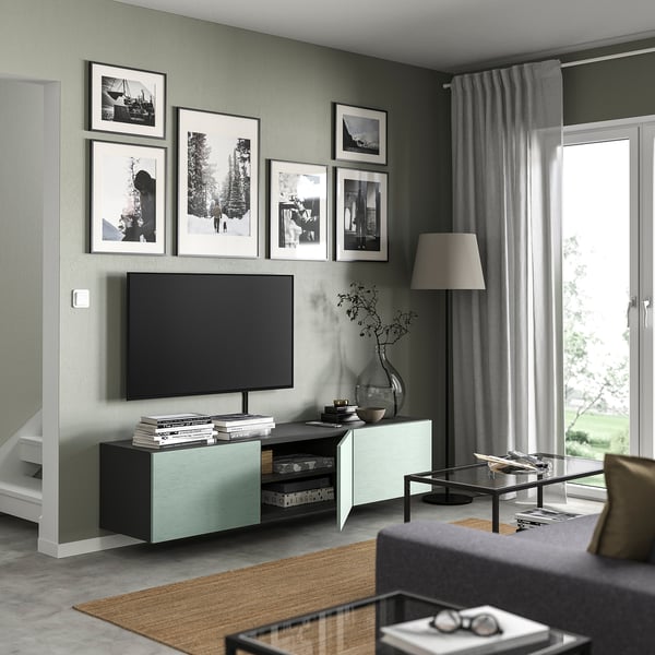 BESTÅ TV bench with doors, dark grey/Hjortviken pale grey-green, 180x42x38 cm