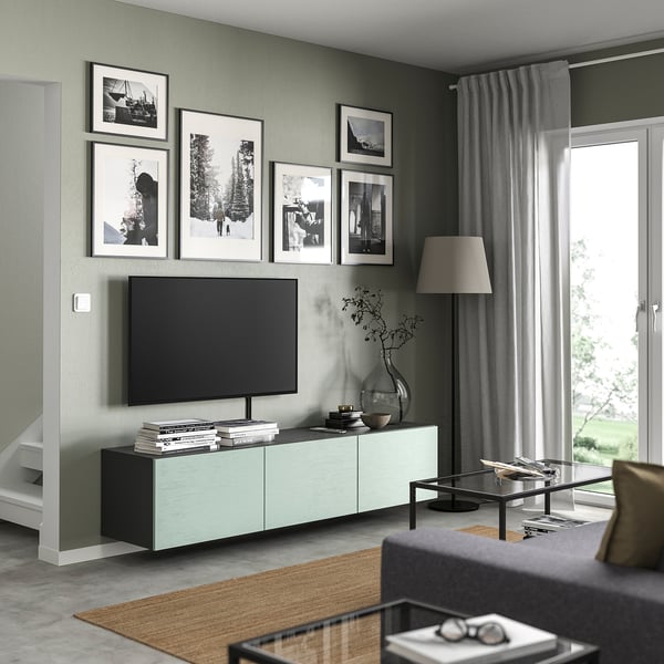 BESTÅ TV bench with doors, dark grey/Hjortviken pale grey-green, 180x42x38 cm