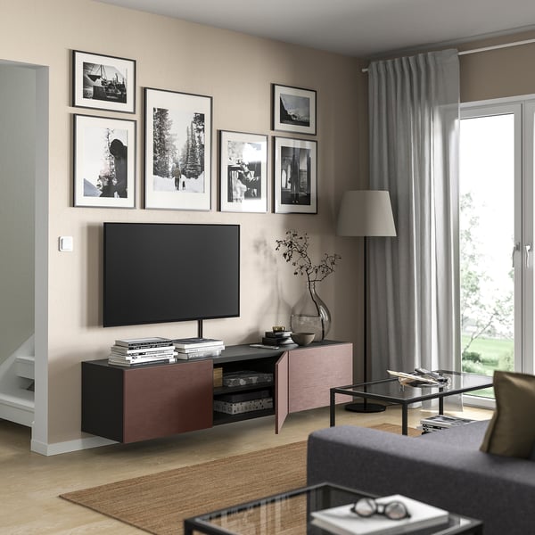 BESTÅ TV bench with doors, dark grey/Hjortviken brown, 180x42x38 cm