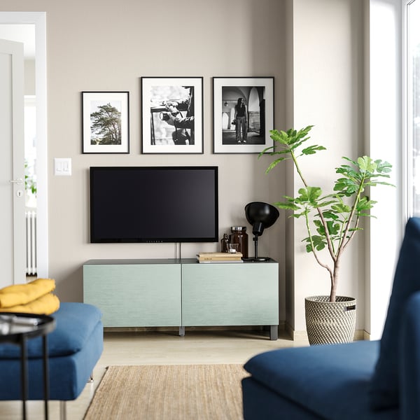 BESTÅ TV bench with doors, dark grey/Hjortviken/Stubbarp pale grey-green, 120x42x48 cm