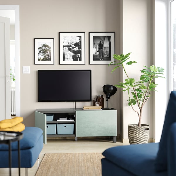 BESTÅ TV bench with doors, dark grey/Hjortviken/Stubbarp pale grey-green, 120x42x48 cm