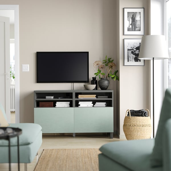 BESTÅ - BESTÅ TV bench with doors, dark grey/Hjortviken/Stubbarp pale grey-green, 120x42x74 cm