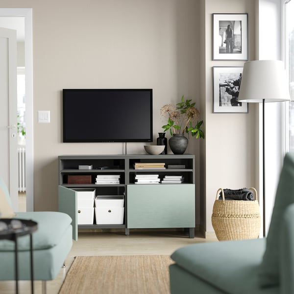 BESTÅ TV bench with doors, dark grey/Hjortviken/Stubbarp pale grey-green, 120x42x74 cm