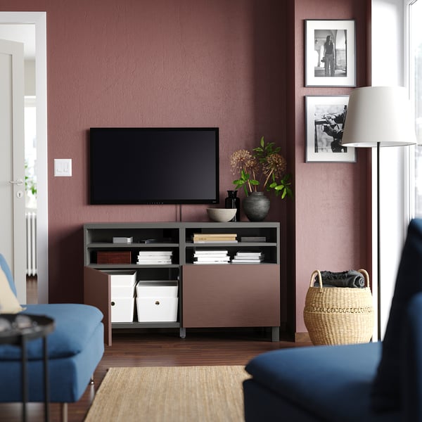 BESTÅ TV bench with doors, dark grey/Hjortviken/Stubbarp brown, 120x42x74 cm