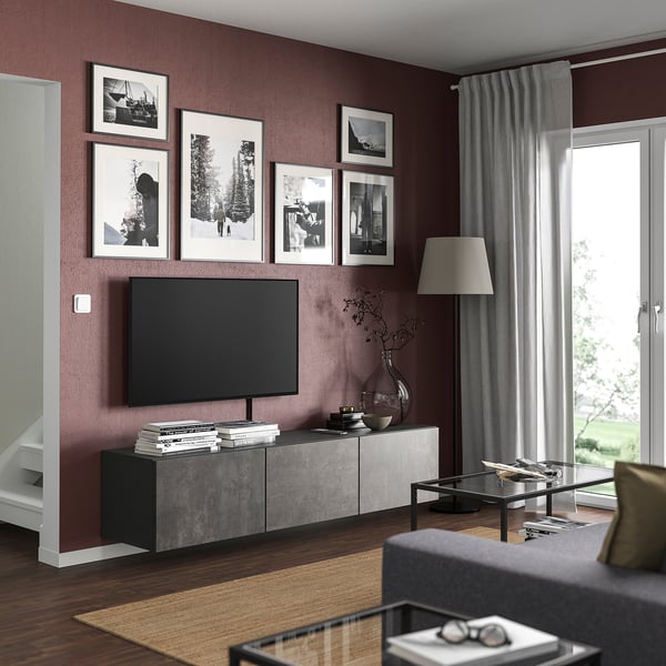 BESTÅ TV bench with doors, dark grey/Kallviken dark grey, 180x42x38 cm