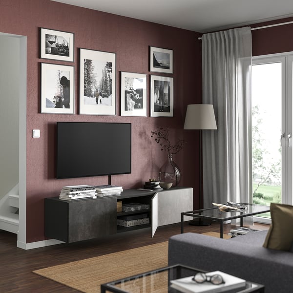 BESTÅ TV bench with doors, dark grey/Kallviken dark grey, 180x42x38 cm