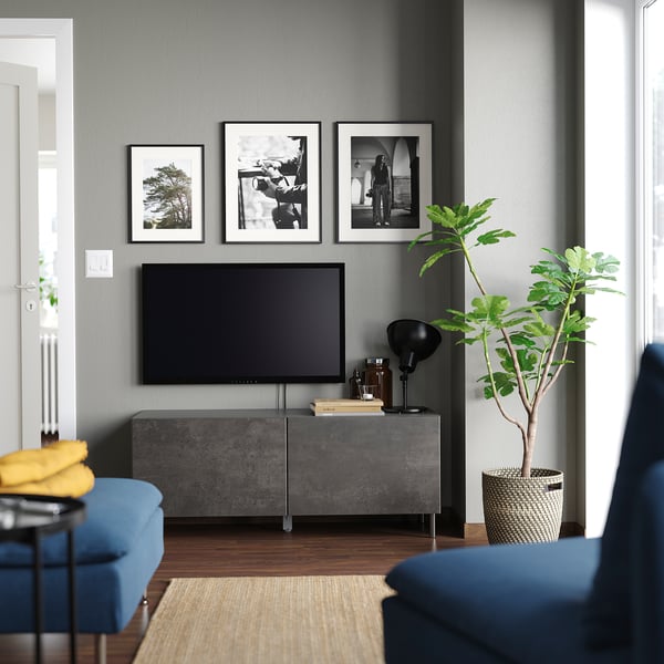 BESTÅ - BESTÅ TV bench with doors, dark grey/Kallviken/Ösarp dark grey, 120x42x48 cm