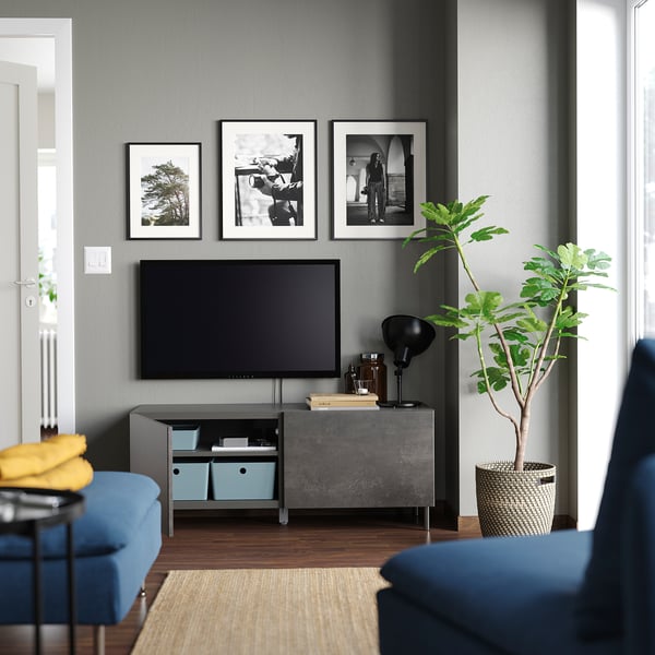 BESTÅ TV bench with doors, dark grey/Kallviken/Ösarp dark grey, 120x42x48 cm