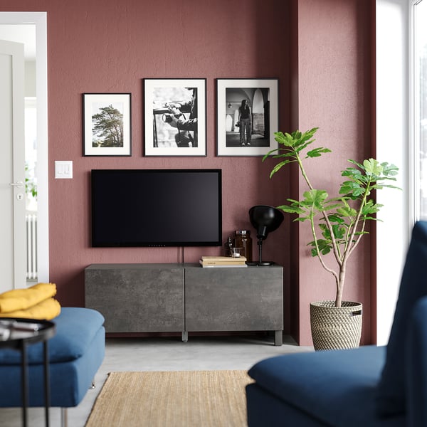 BESTÅ TV bench with doors, dark grey/Kallviken/Stubbarp dark grey, 120x42x48 cm