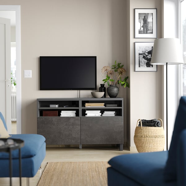 BESTÅ TV bench with doors, dark grey/Kallviken/Stubbarp dark grey, 120x42x74 cm