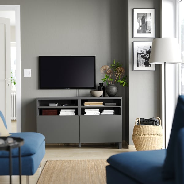 BESTÅ - BESTÅ TV bench with doors, dark grey/Lappviken/Stubbarp dark grey, 120x42x74 cm