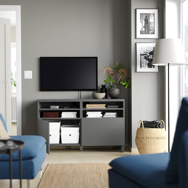 BESTÅ - BESTÅ TV bench with doors, dark grey/Lappviken/Stubbarp dark grey, 120x42x74 cm
