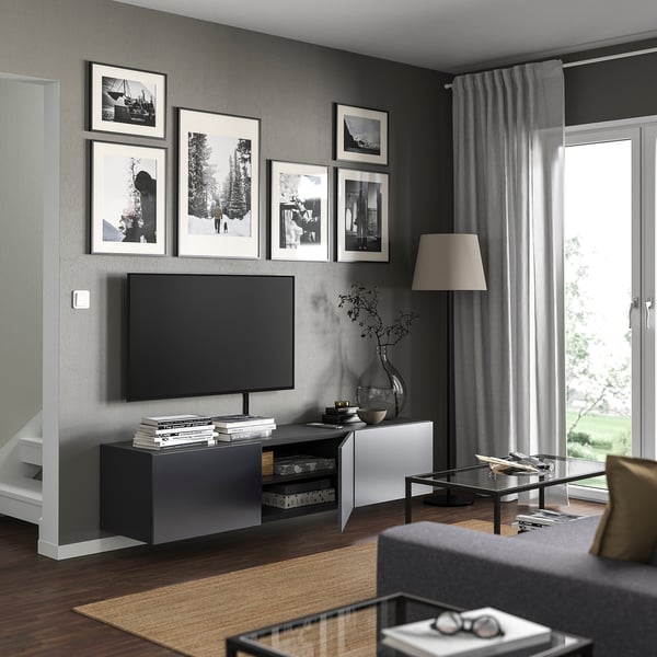 BESTÅ - BESTÅ TV bench with doors, dark grey/Riksviken brushed dark pewter effect, 180x42x38 cm