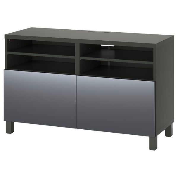 BESTÅ TV bench with doors, dark grey/Riksviken/Stubbarp brushed dark pewter effect, 120x42x74 cm