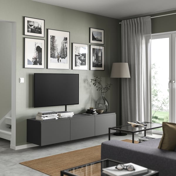 BESTÅ - BESTÅ TV bench with doors, dark grey/Västerviken dark grey, 180x42x38 cm