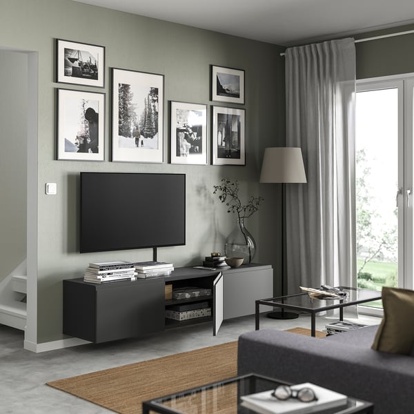 BESTÅ - BESTÅ TV bench with doors, dark grey/Västerviken dark grey, 180x42x38 cm