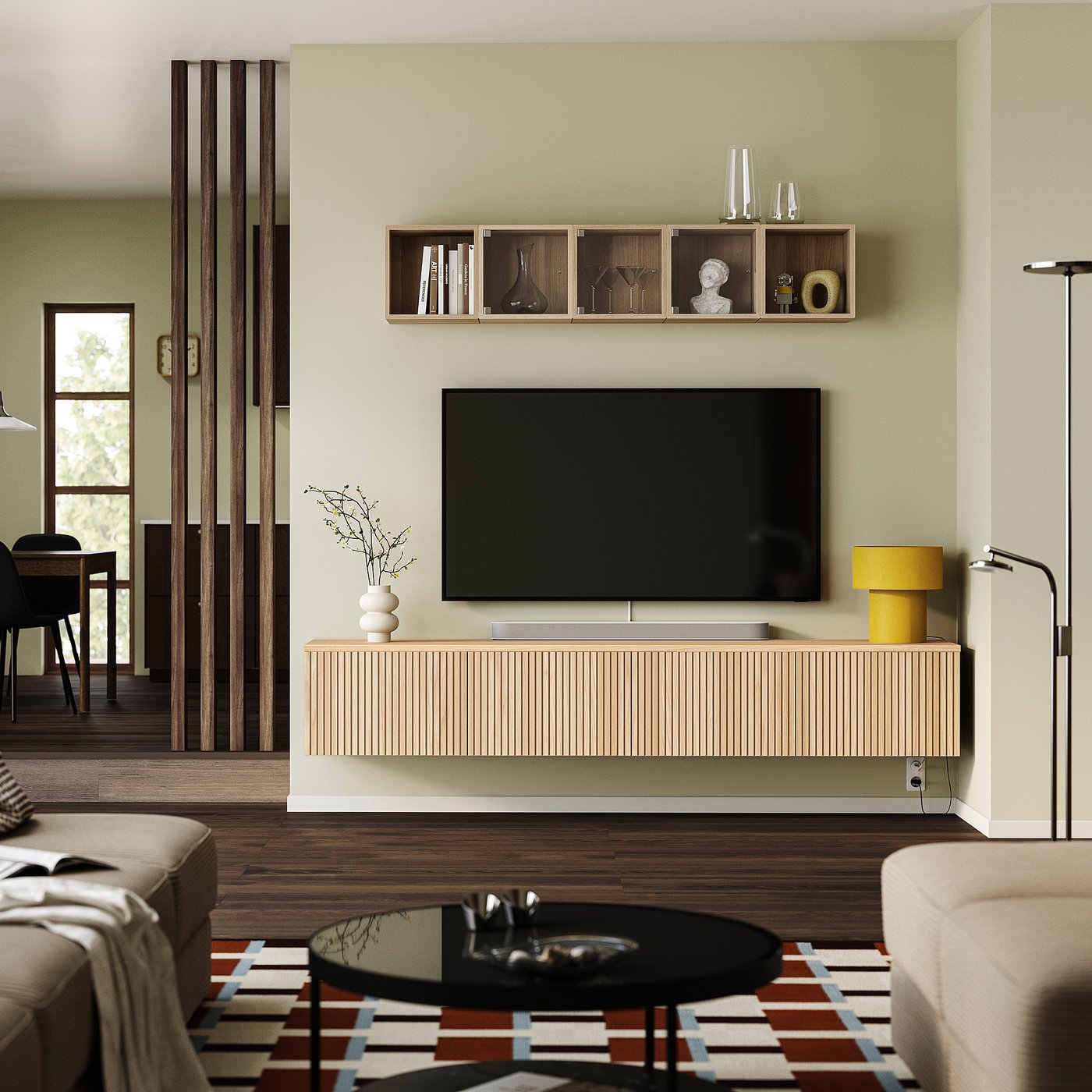 BESTÅ TV bench with doors, black-brown/Björköviken oak veneer, 240x42x40 cm