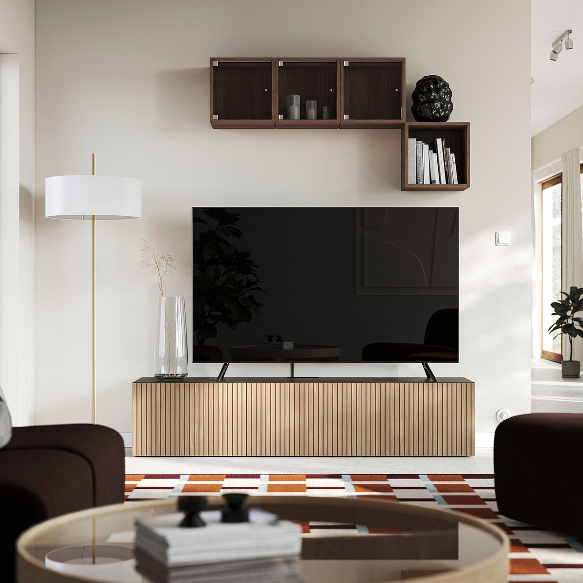 BESTÅ TV bench with doors, black-brown Björköviken/oak veneer, 180x42x38 cm