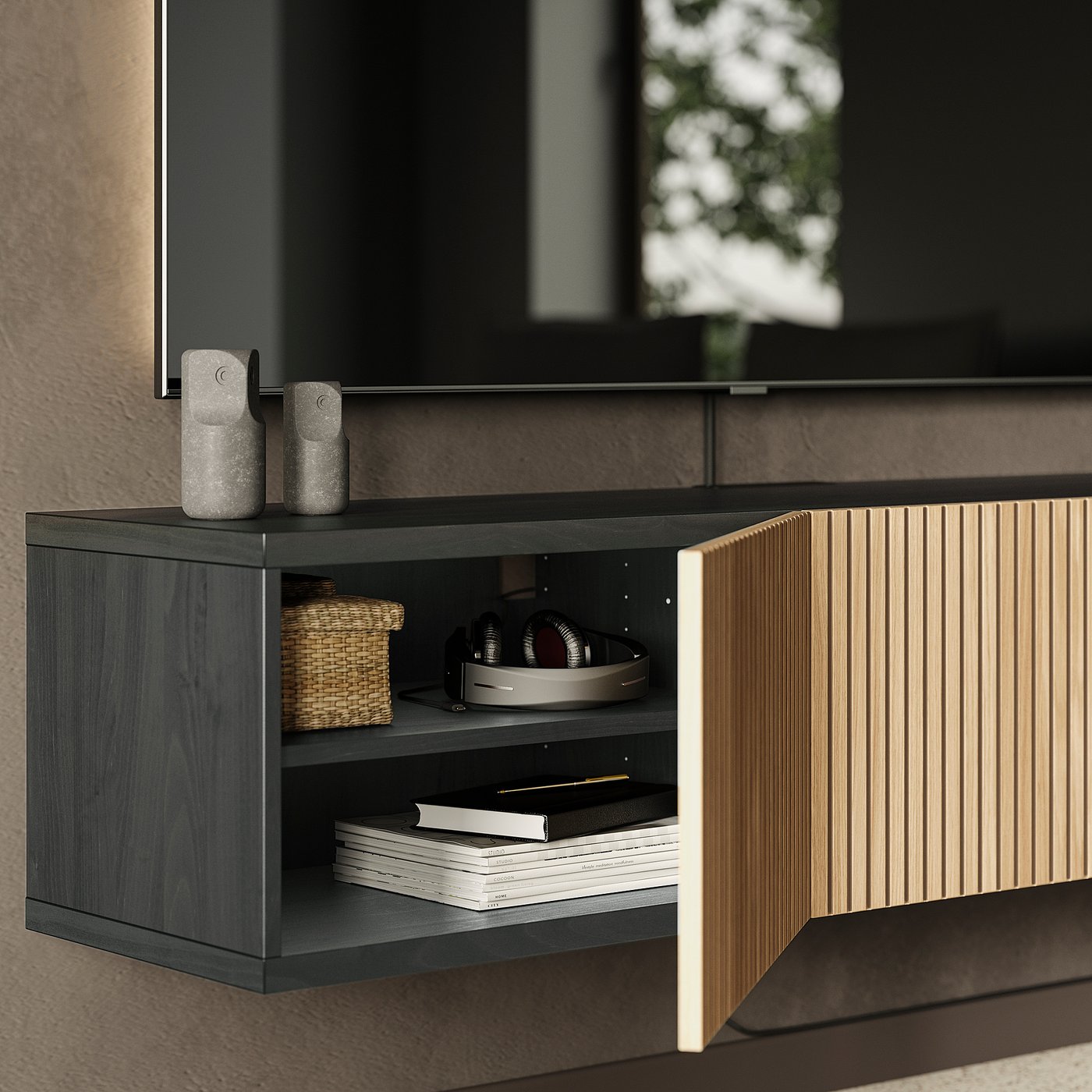 BESTÅ TV bench with doors, black-brown Björköviken/oak veneer, 180x42x38 cm