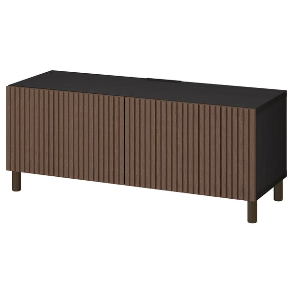 BESTÅ TV bench with doors, black-brown Björköviken/Mejarp/brown stained oak veneer, 120x42x48 cm