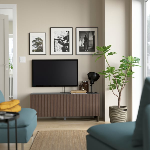 BESTÅ TV bench with doors, black-brown Björköviken/Mejarp/brown stained oak veneer, 120x42x48 cm