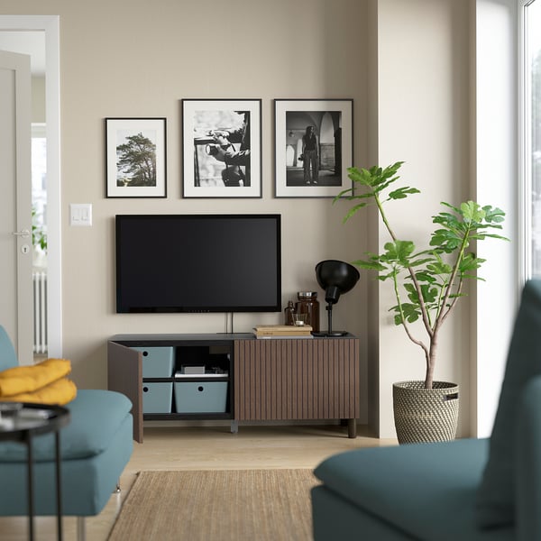 BESTÅ TV bench with doors, black-brown Björköviken/Mejarp/brown stained oak veneer, 120x42x48 cm
