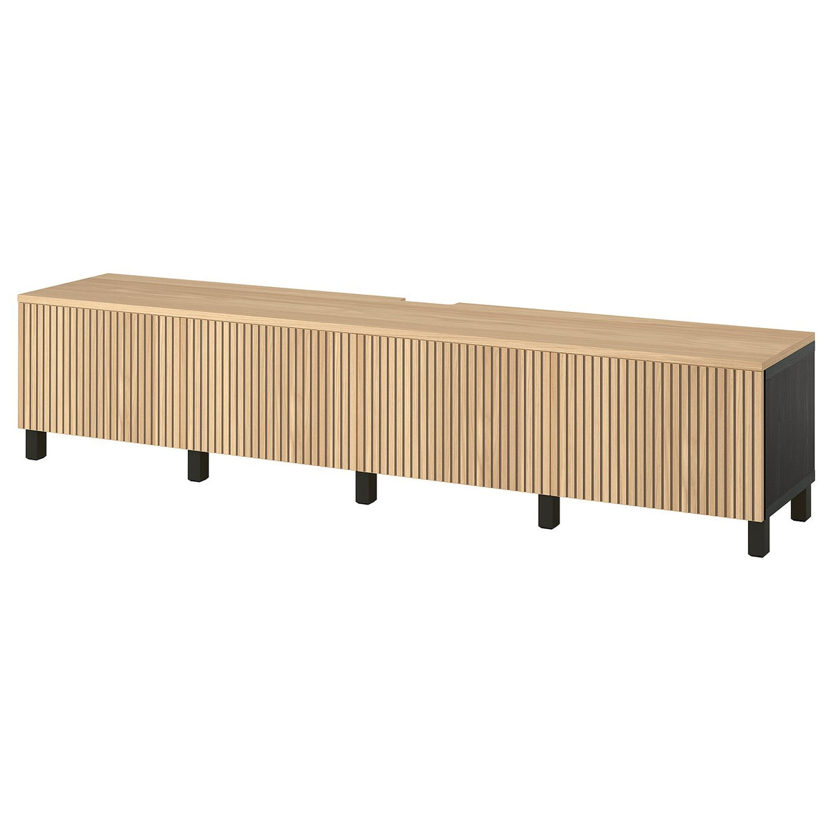BESTÅ TV bench with doors, black-brown/Björköviken/Stubbarp oak veneer, 240x42x50 cm
