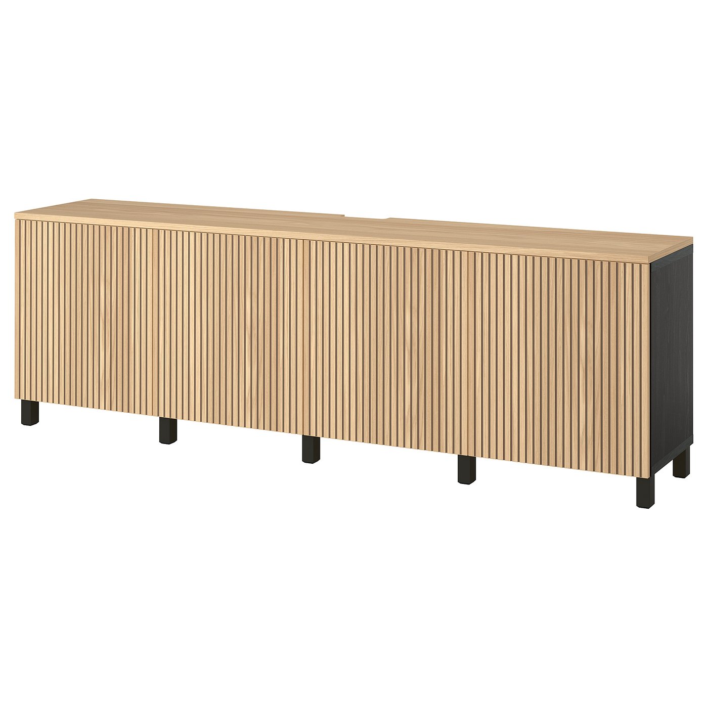 BESTÅ TV bench with doors, black-brown/Björköviken/Stubbarp oak veneer, 240x42x76 cm