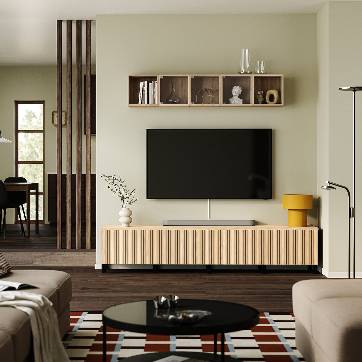 BESTÅ TV bench with doors, black-brown/Björköviken/Stubbarp oak veneer, 240x42x50 cm