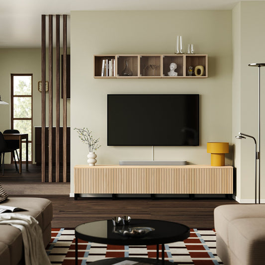 BESTÅ TV bench with doors, black-brown/Björköviken/Stubbarp oak veneer, 240x42x50 cm