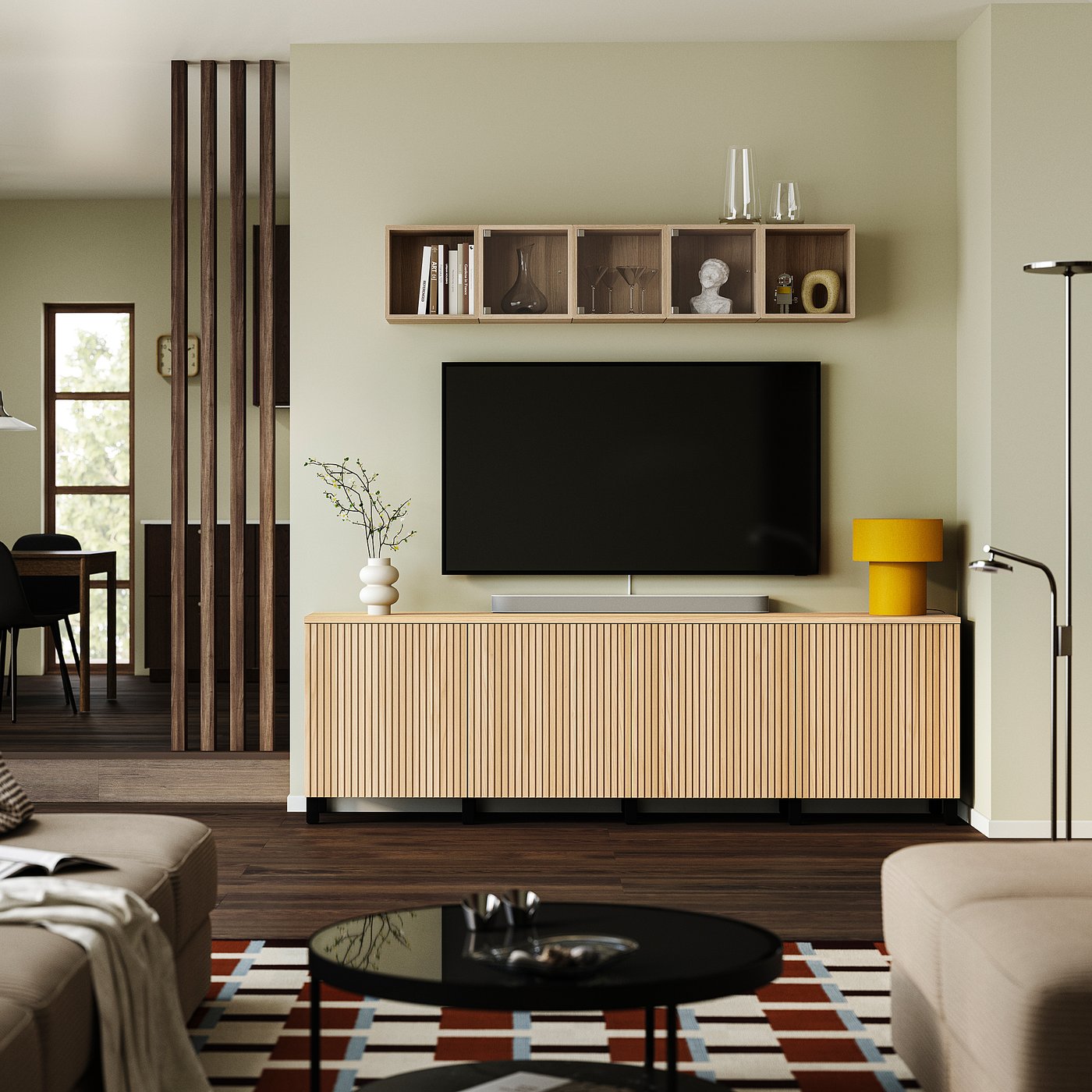 BESTÅ TV bench with doors, black-brown/Björköviken/Stubbarp oak veneer, 240x42x76 cm