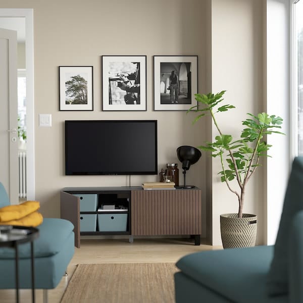 Ikea BESTÅ - TV bench with doors, black-brown Björköviken/Stubbarp/brown stained oak veneer, 120x42x48 cm