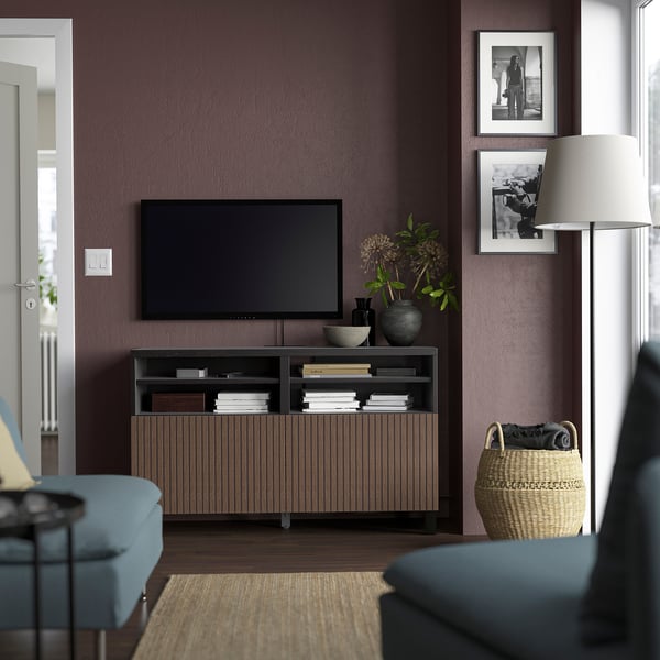 BESTÅ - BESTÅ TV bench with doors, black-brown Björköviken/Stubbarp/brown stained oak veneer, 120x42x74 cm