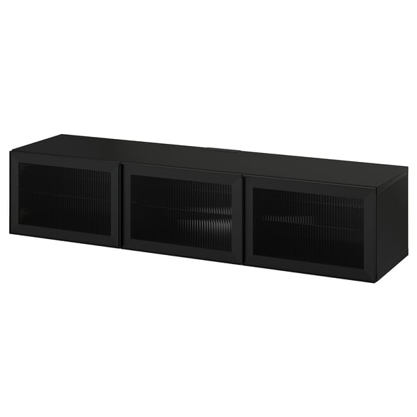 BESTÅ TV bench with doors, black-brown/Fällsvik anthracite, 180x42x38 cm