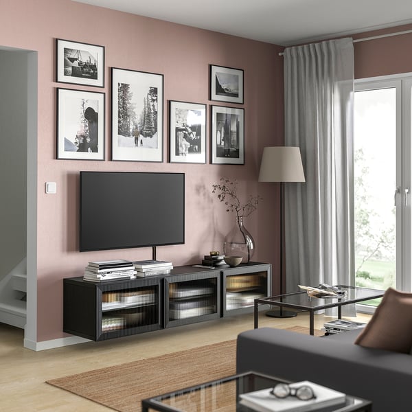 BESTÅ TV bench with doors, black-brown/Fällsvik anthracite, 180x42x38 cm