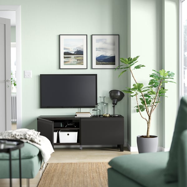 BESTÅ - BESTÅ TV bench with doors, black-brown/Hammarsmed/Stubbarp anthracite, 120x42x48 cm