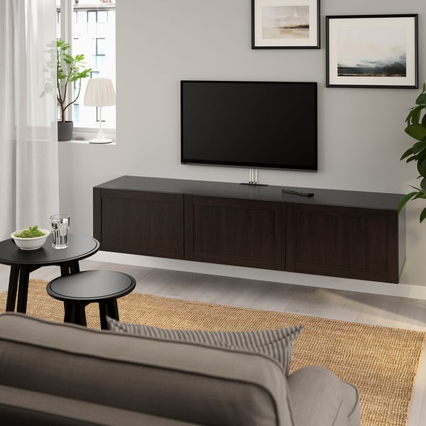 BESTÅ TV bench with doors, black-brown/Hanviken black-brown, 180x42x38 cm
